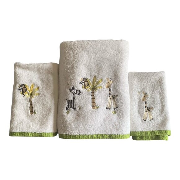 Casaba Kids Animals Zebra Monkey Giraffe Palm Embroidered Towel Bath Set of 3 - Picture 1 of 10